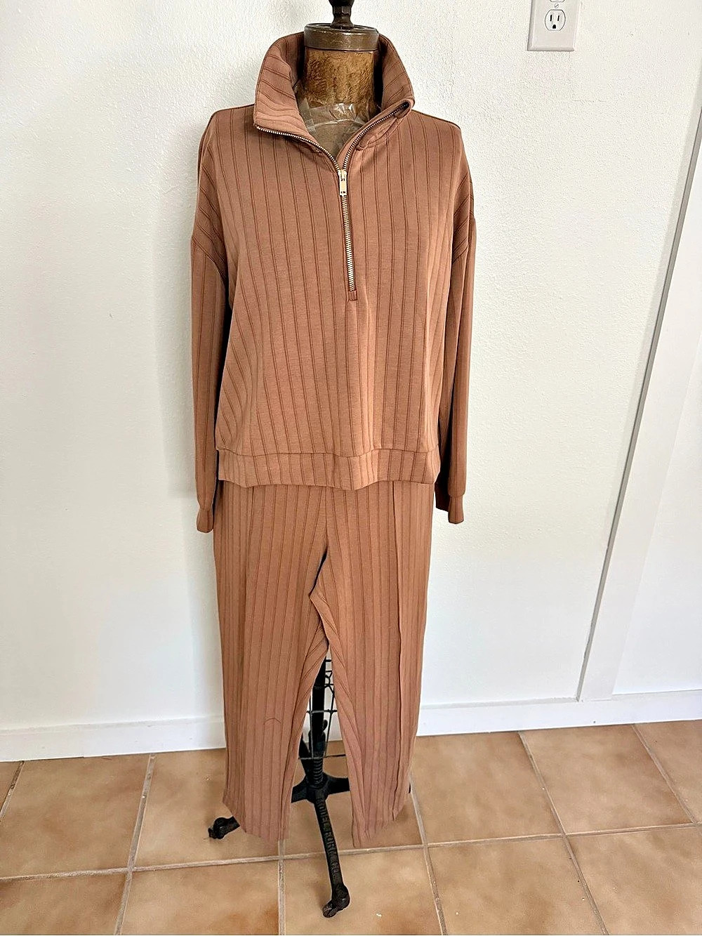 NWT Magaschoni Striped Modal Jumpsuit in Brown Size Large